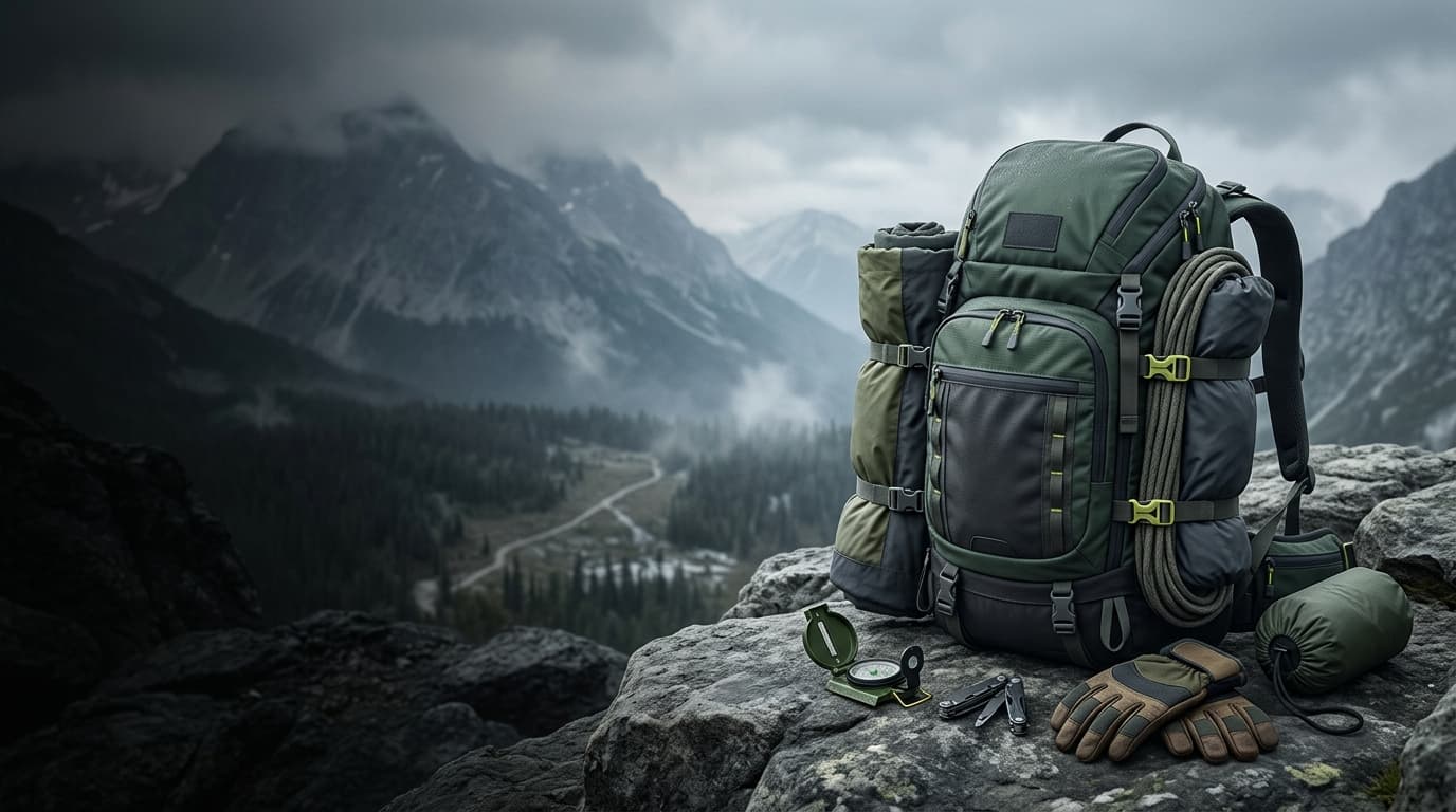 Rugged outdoor adventure equipment in mountain terrain
